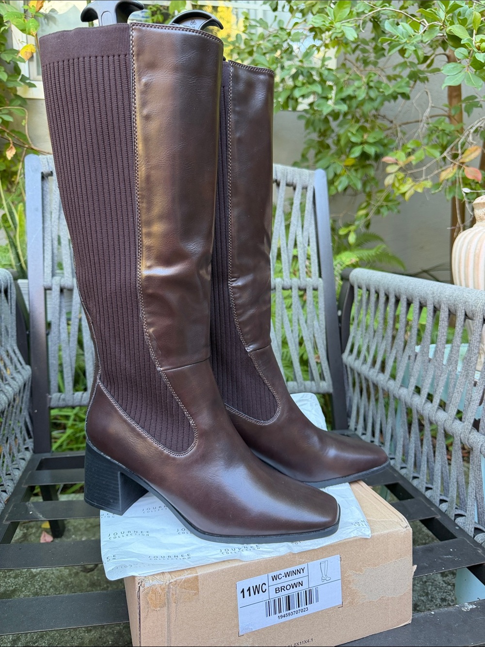 New Wide Calf Journey Collection Brown Synthetic Leather & Knit Knee-High Boots